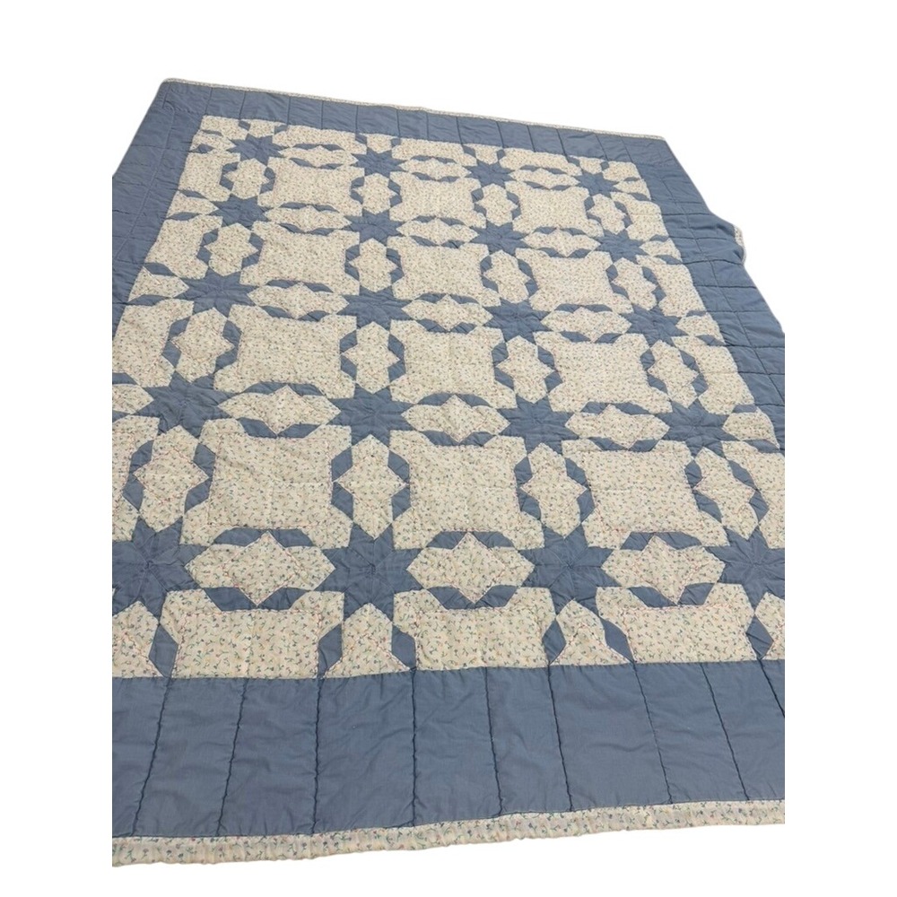 VTG Blue Star Patchwork Quilt Floral Print Cotton Farmhouse Throw 80 X 68 FLAWS